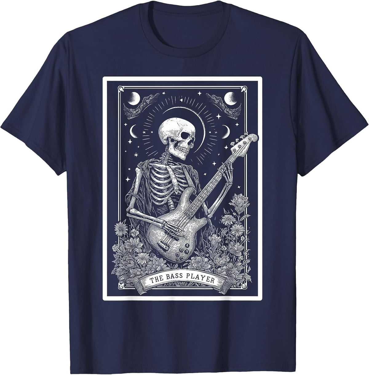 The Bass Player Bassist Guitarist Guitar Tarot Card Skeleton T-Shirt - Navy Blue