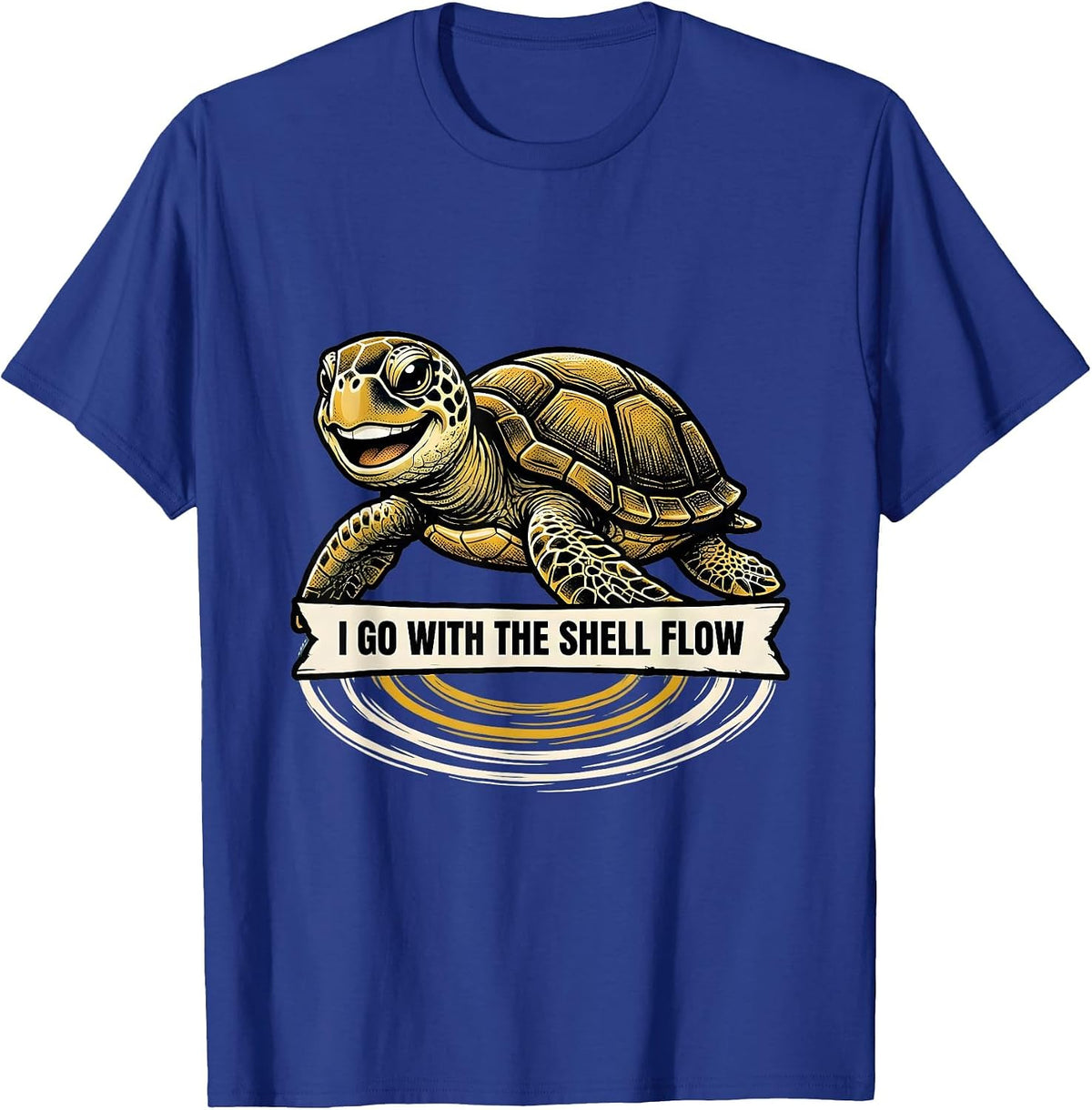 I Go With The Shell Flow Retro Cartoon Sea Turtle Ocean T-Shirt - Royal Blue