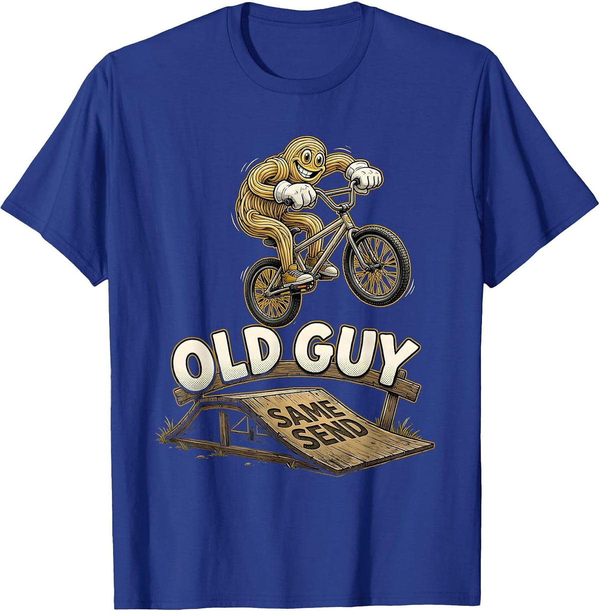 Old Guy Same Send Retro Cartoon BMX Kids Stunt Riding T-Shirt - Royal Blue