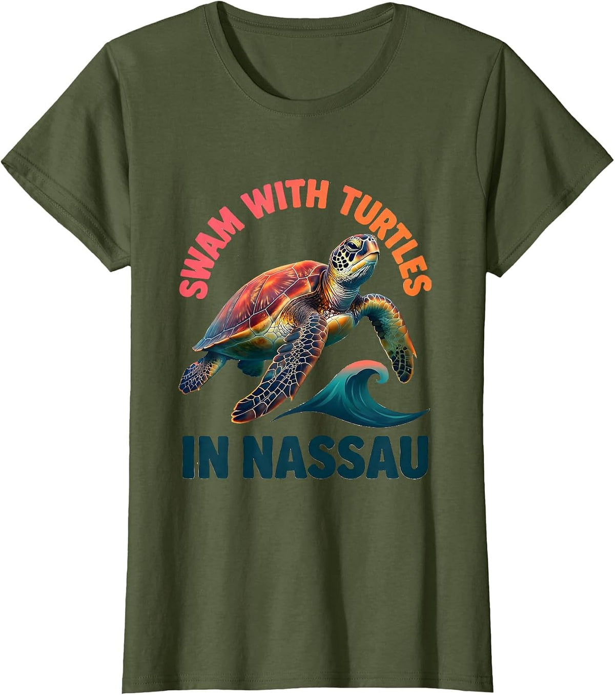 Women's Swam With Turtles In Nassau Gradient Sea Turtle Souvenir T-Shirt - Olive Green