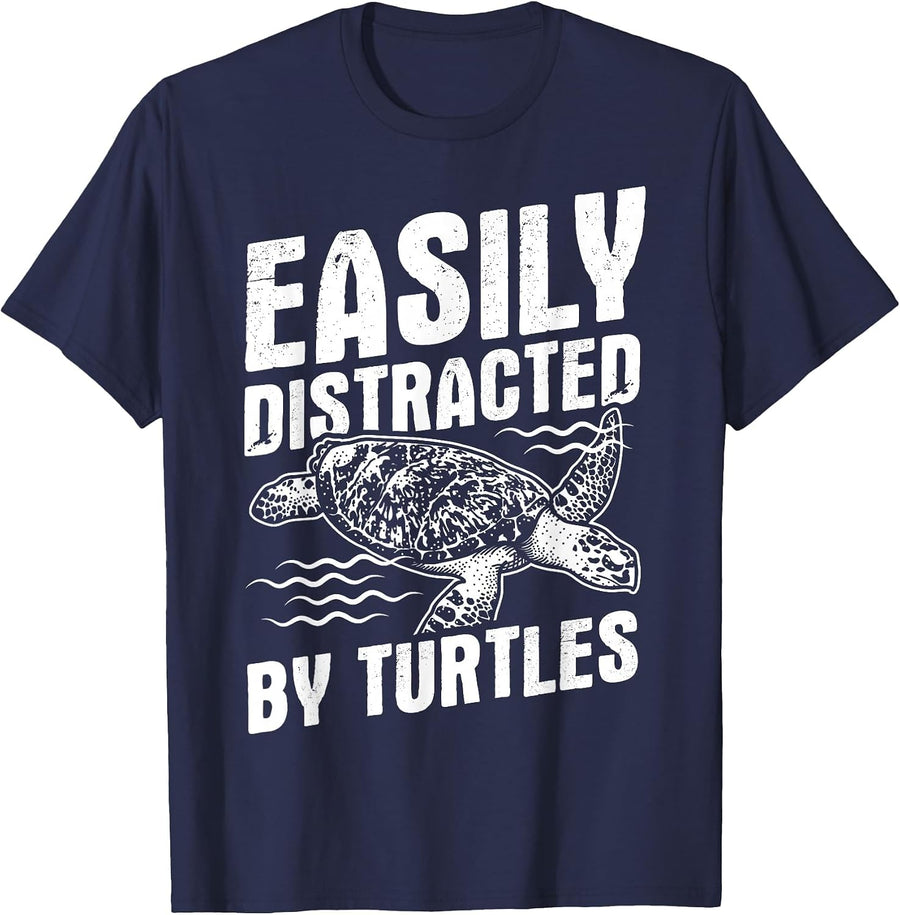 Funny Turtle Design Easily Distracted by Turtles T-Shirt - Navy Blue
