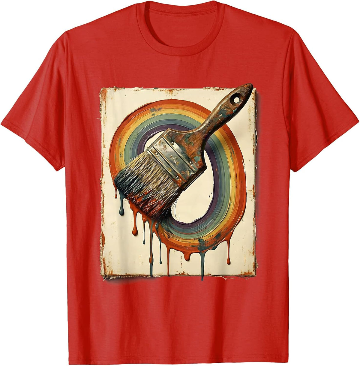 Men's Preschool Teacher Rainbow Paintbrush Canvas Art T-Shirt - Red