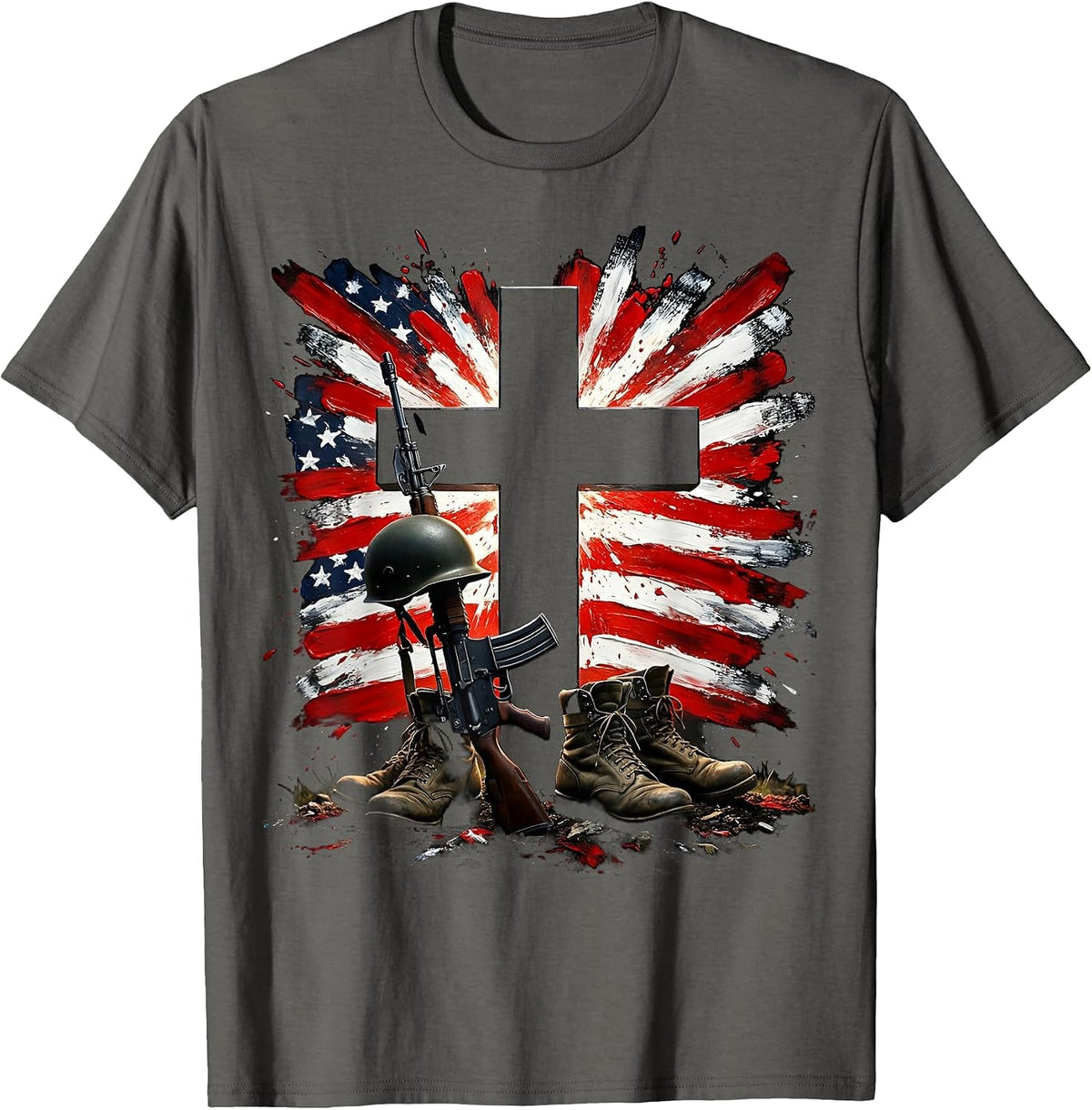 Battlefield Cross Memorial Boots and Rifle Illustration T-Shirt - Asphalt Grey