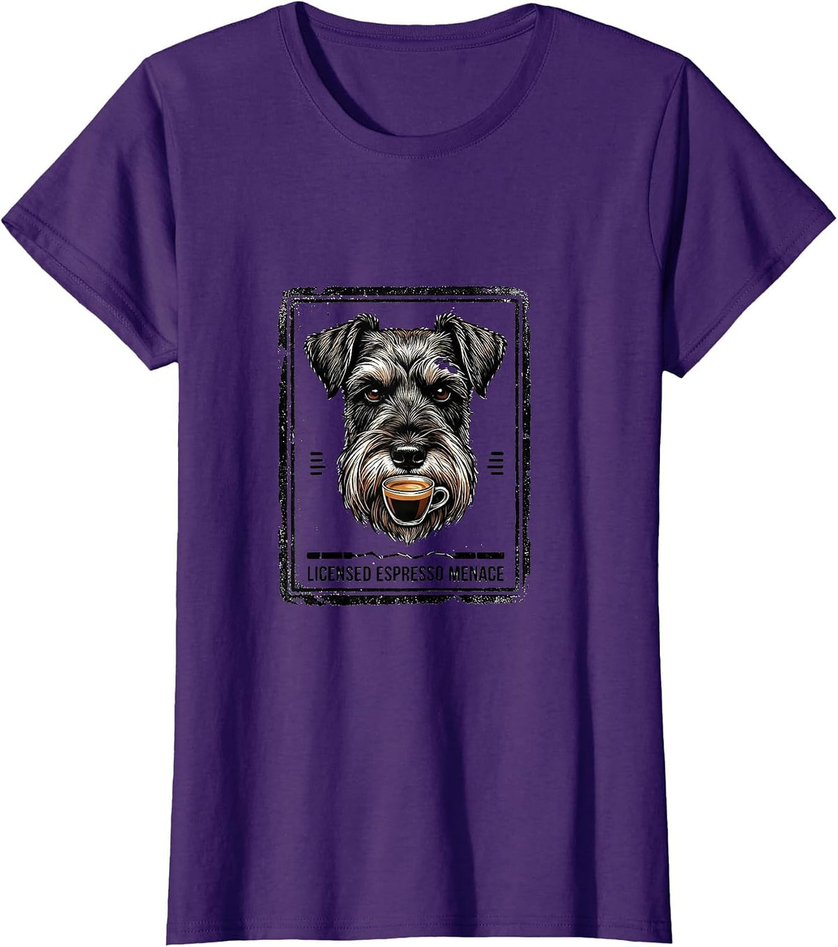 Women's Licensed Espresso Menace Funny Miniature Schnauzer Dog Meme T-Shirt - Purple