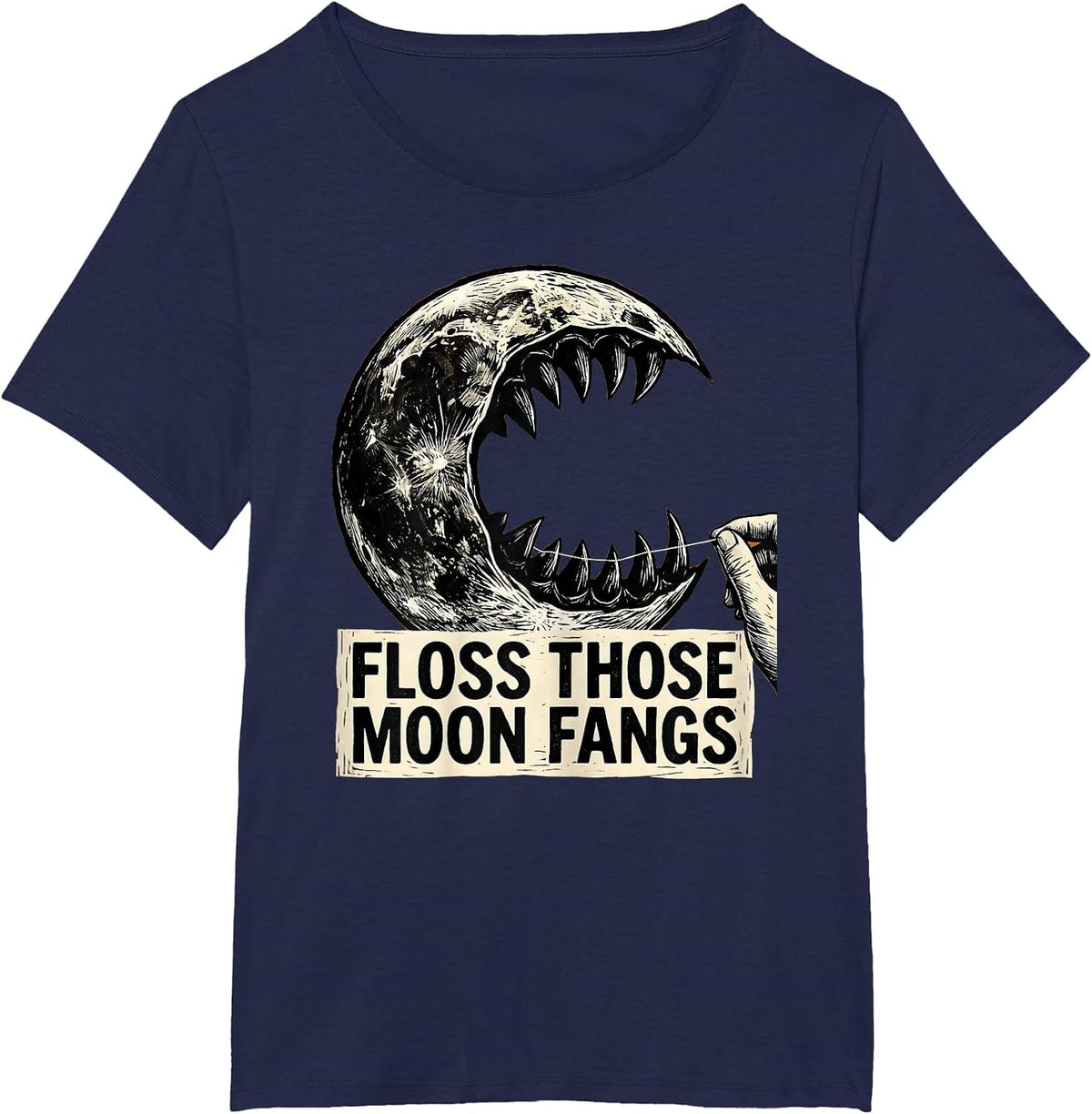 Women's Floss Those Moon Fangs Linocut Halloween Dental Hygienist T-Shirt - Navy Blue