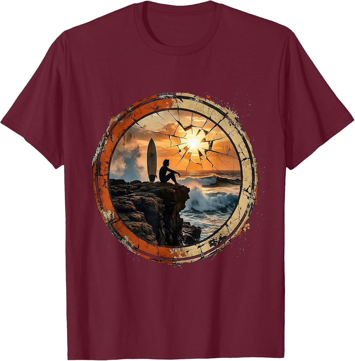 Surfer Meditating on Rocky Cliff Graphic Tee T-Shirt - Burgundy