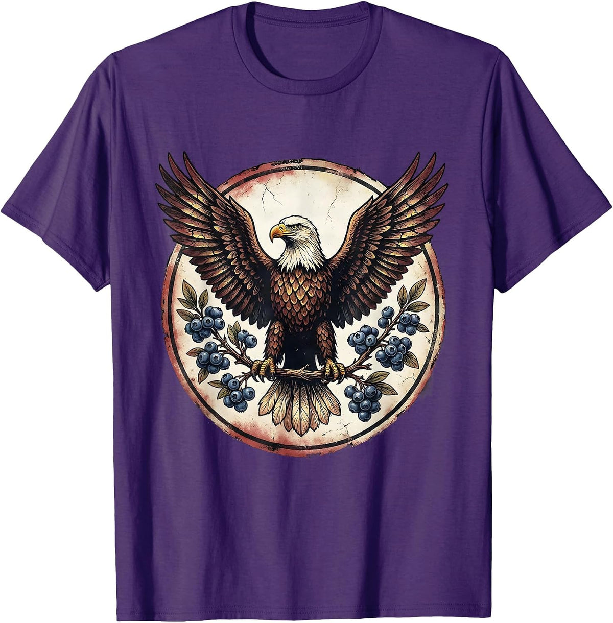 Patriotic Eagle Blueberry Branch Illustration T-Shirt - Purple