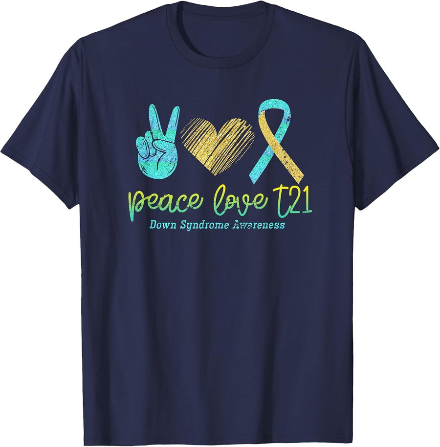 Peace Love T21 Down Syndrome Awareness Down Syndrome T-Shirt - Navy Blue