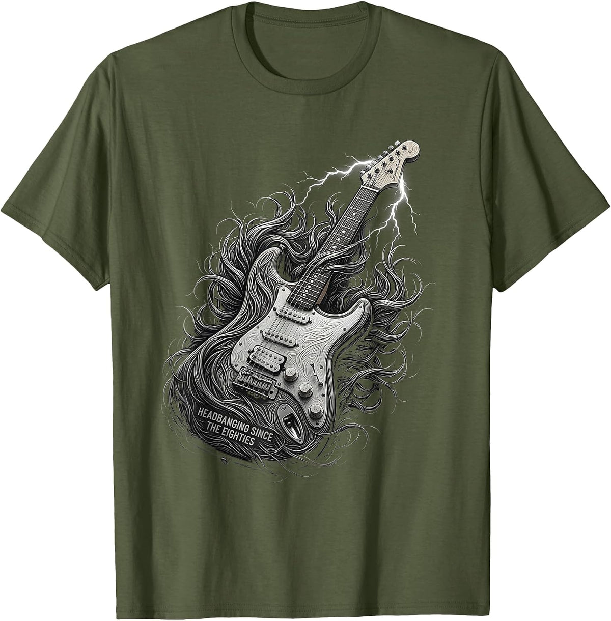 Men's Headbanging Since The Eighties 80s Rock Band Design T-Shirt - Olive Green