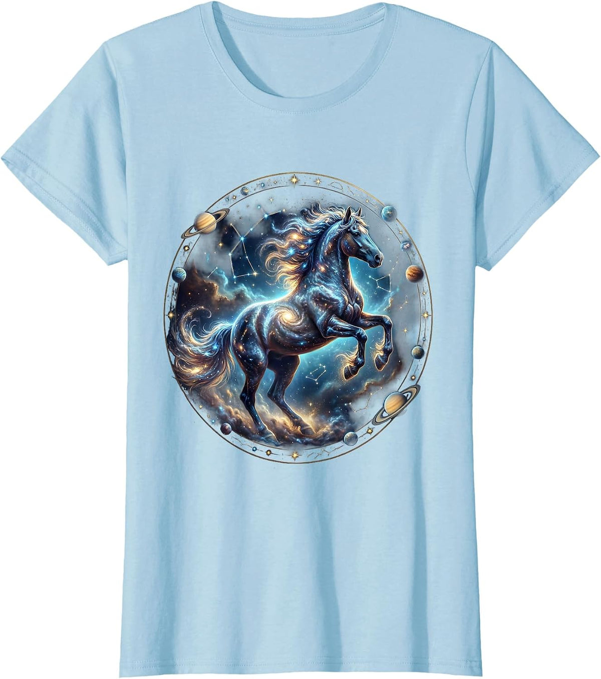 Women's Wild Horse Galloping Through Tall Grass Illustration T-Shirt - Baby Blue