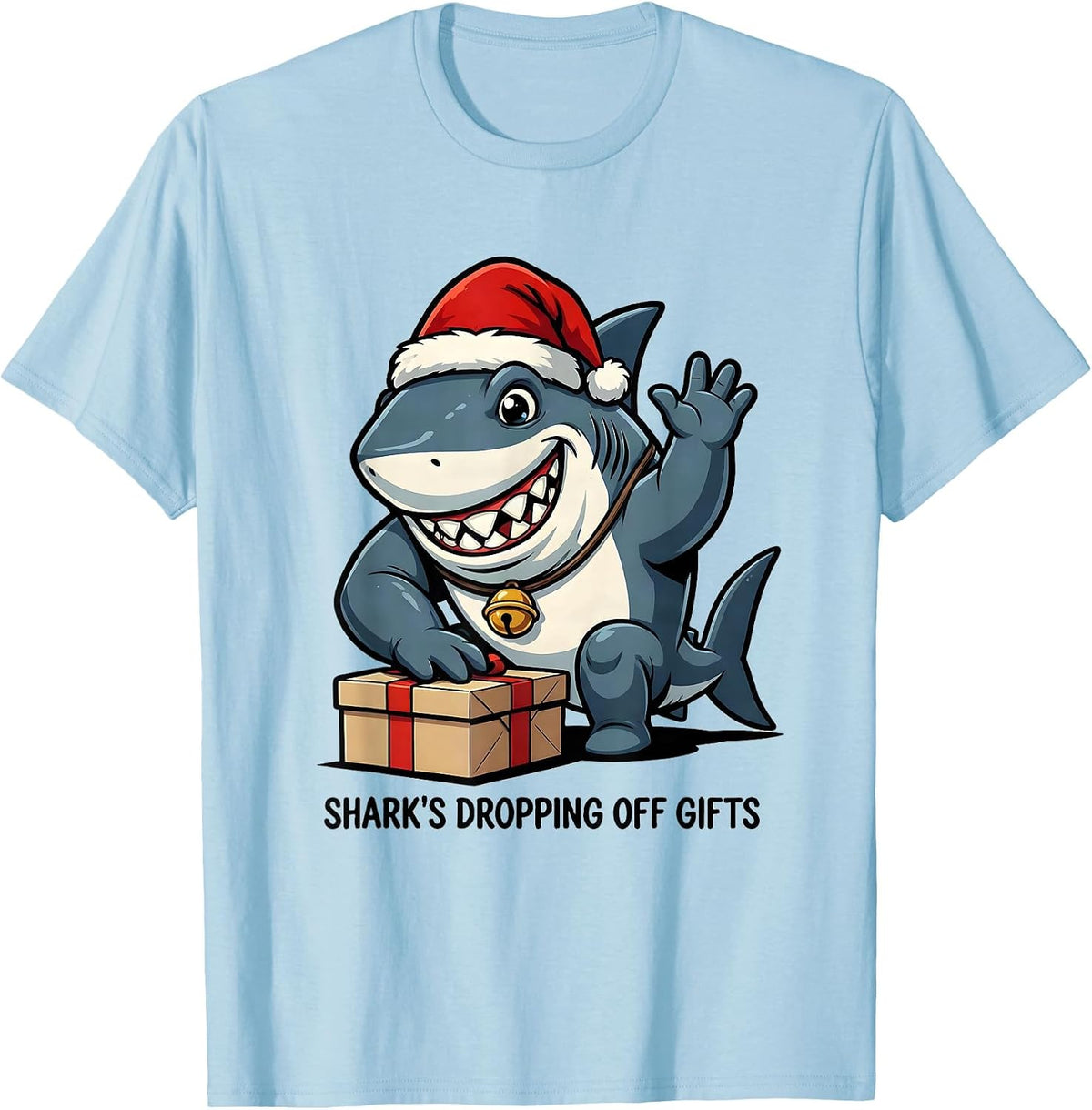 Men's Shark's Dropping Off Gifts Cartoon Shark Lover Christmas T-Shirt - Baby Blue