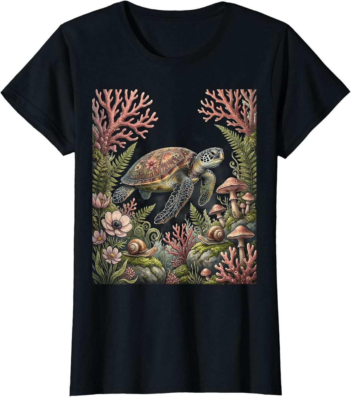 Women's Sea Turtle Pink Coral Reef Breast Cancer Awareness T-Shirt - Black