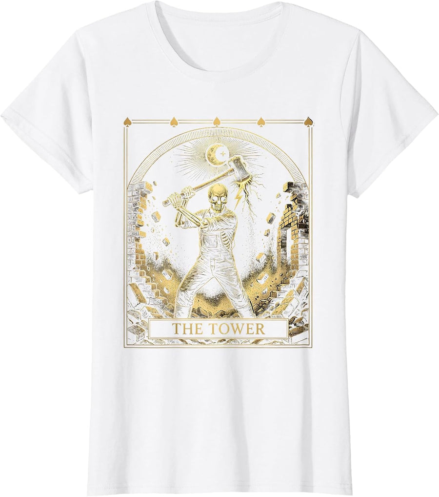 Women's The Tower Mystic Celestial Tarot Card Skeleton Demolition T-Shirt - White