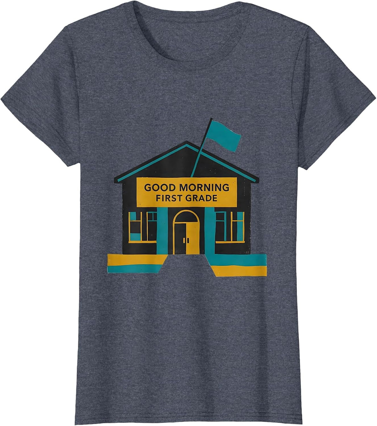 Women's Good Morning First Grade Midcentury Modern Teacher Student T-Shirt - Heather Blue