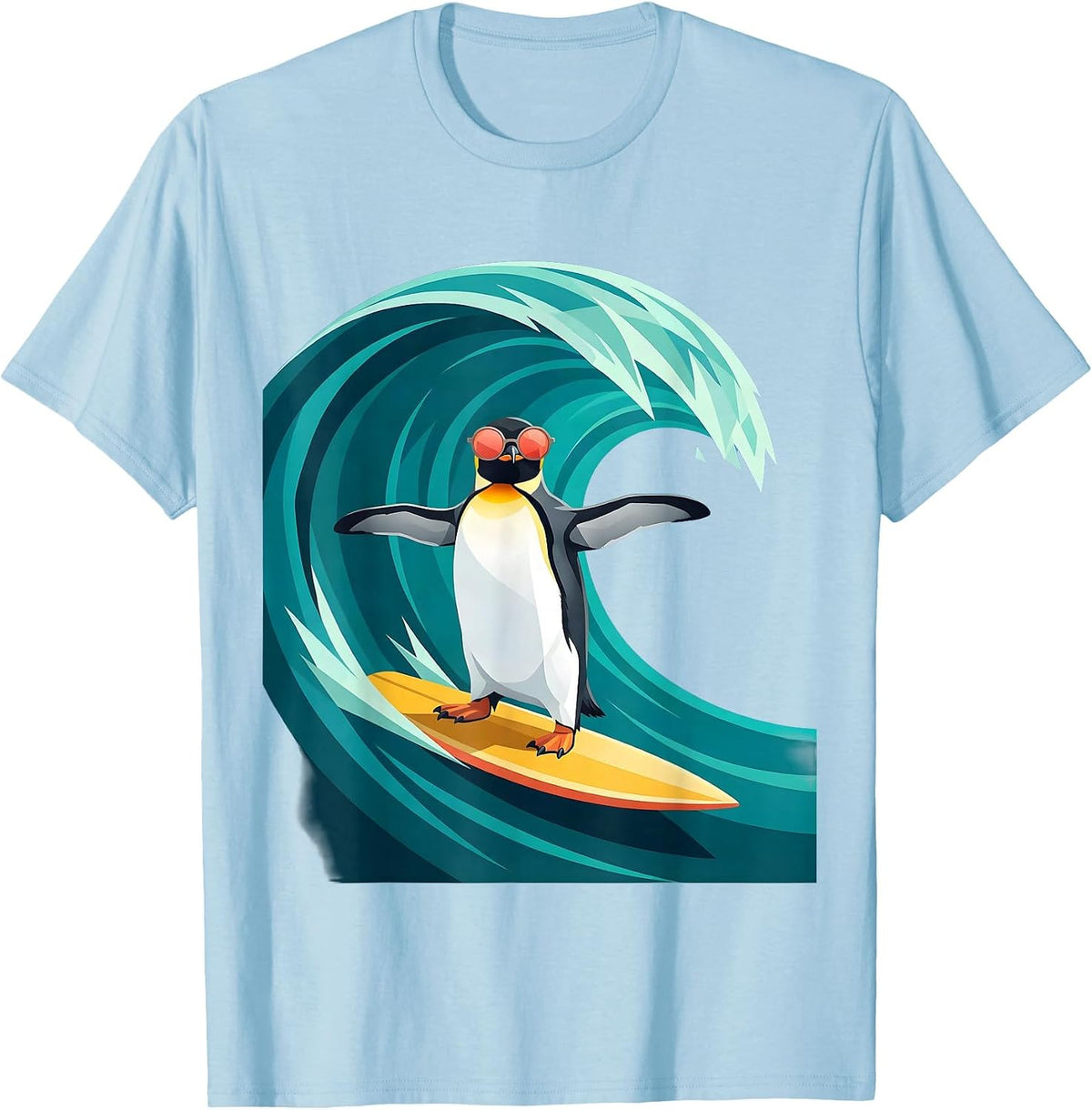 Men's Penguin in Sunglasses Surfing Ocean Wave T-Shirt - Baby Blue