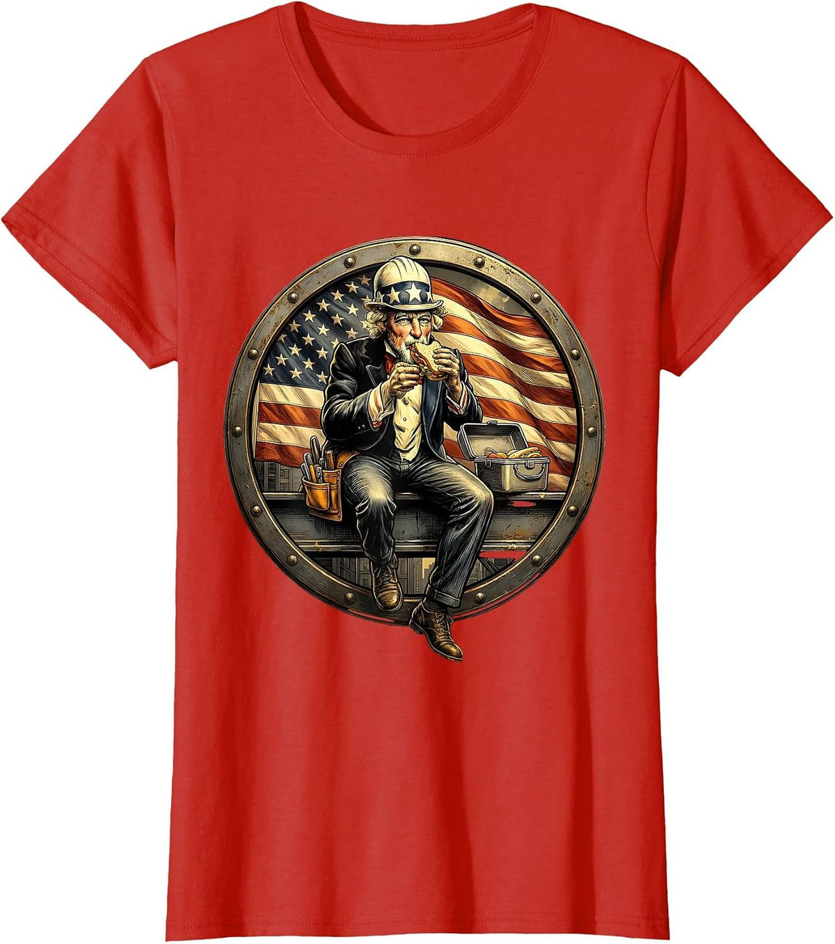 American Flag Construction Worker Steel Beam Tee T-Shirt - Red