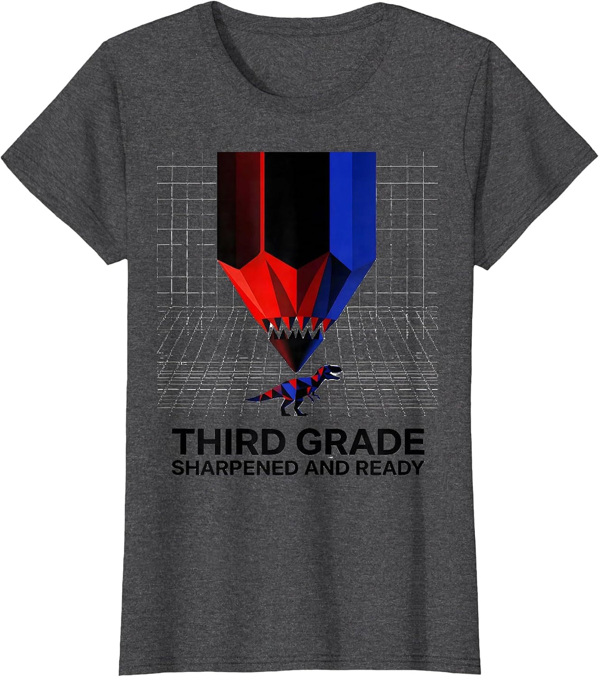 Women's Third Grade Sharpened And Ready Geometric Dinosaur Boy Back T-Shirt - Dark Heather Grey