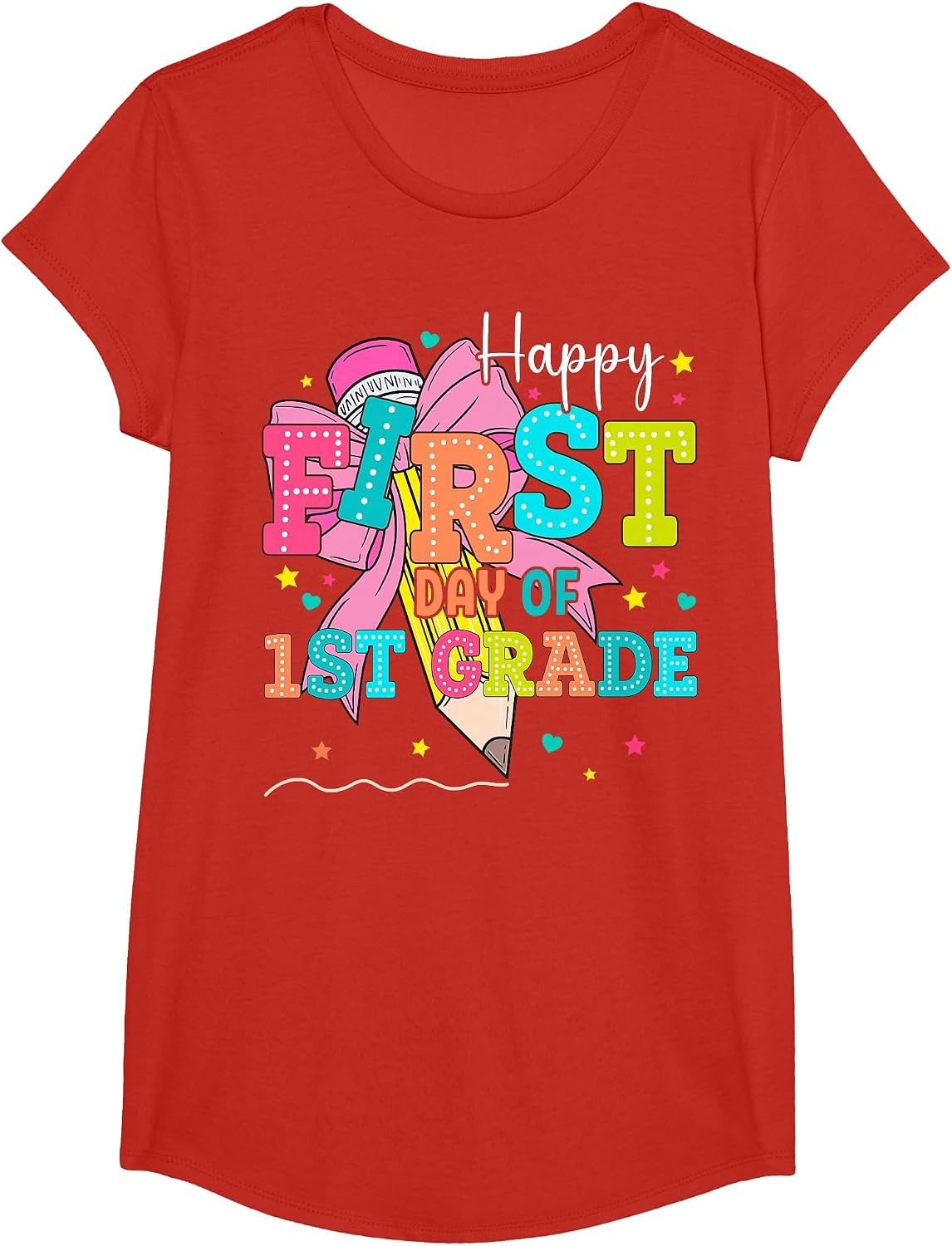 Happy First Day of 1st Grade Girls Coquette Back to School T-Shirt - Girls Red