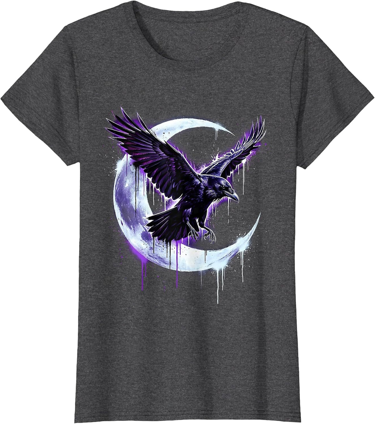 Women's Raven Flying Through Crescent Moon Silhouette T-Shirt - Dark Heather Grey