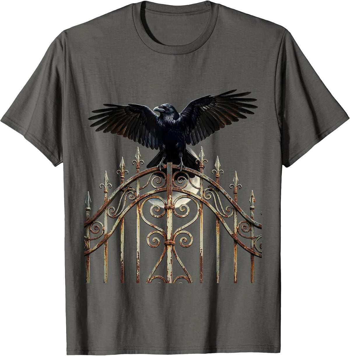 Salem Raven on Wrought Iron Gate Illustration T-Shirt - Asphalt Grey