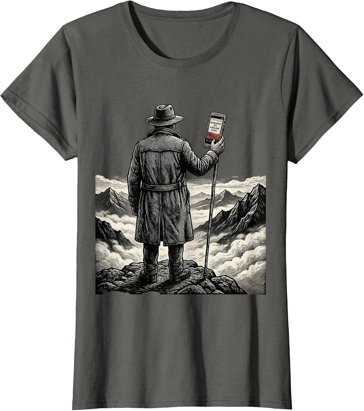 Women's Wanderer On Airplane Mode Woodcut Engraving Art History T-Shirt - Asphalt Grey