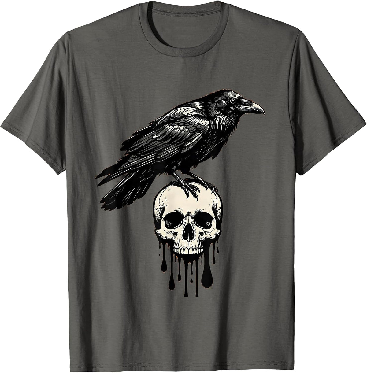 Raven Perched on Dripping Skull Halloween Design T-Shirt - Asphalt Grey