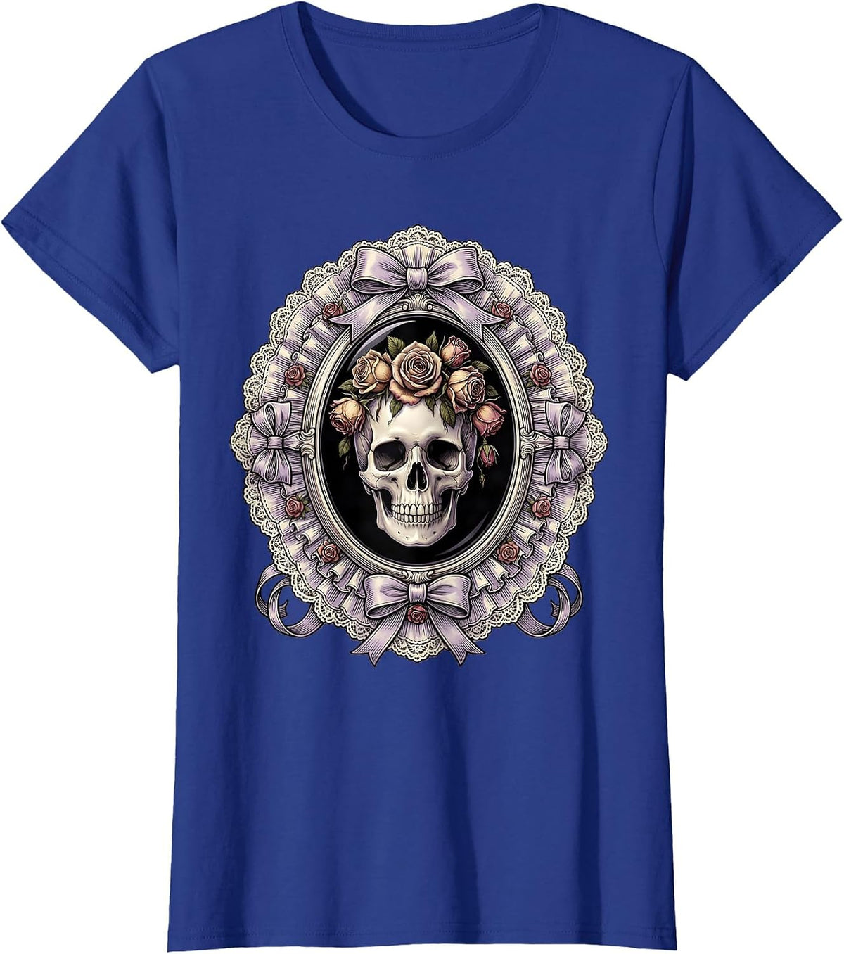 Women's Skull Crowned With Wilting Black Roses Goth Art T-Shirt - Royal Blue