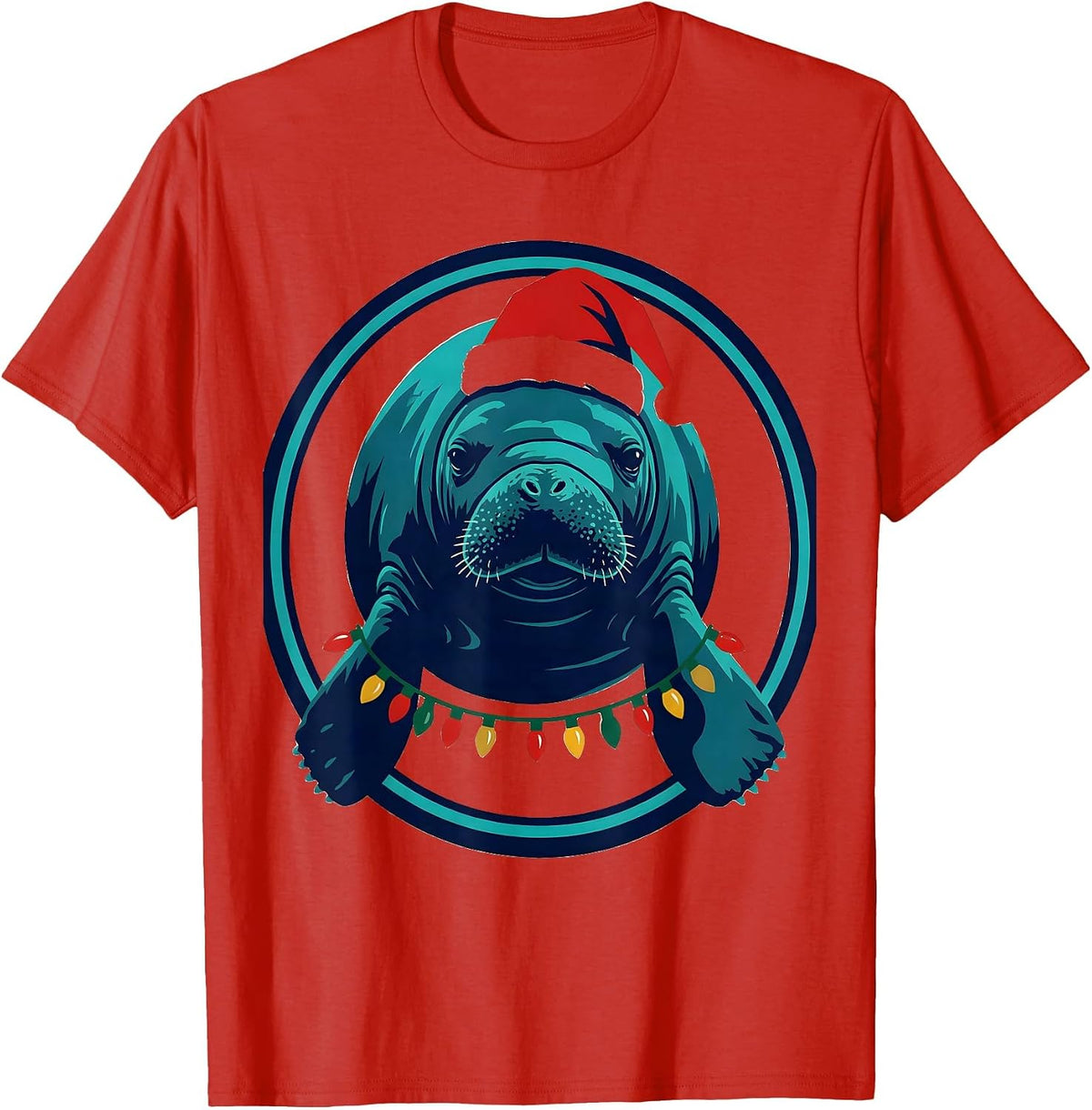 Men's Manatee Santa Hat Christmas Tree Lights Holiday Humor T-Shirt - Red