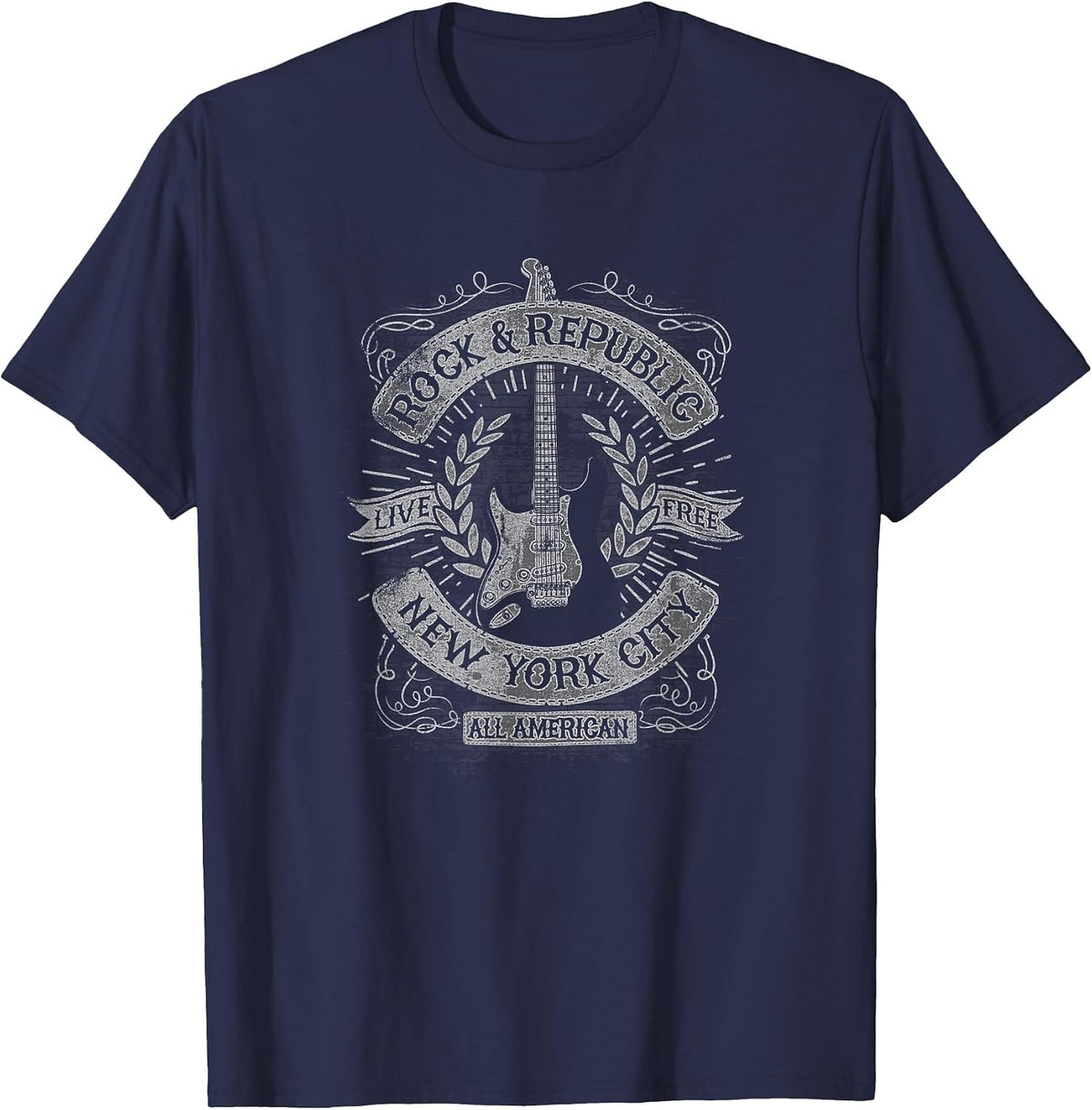 Trendy Rock and Republic NY Guitar Poster T-Shirt - Navy Blue
