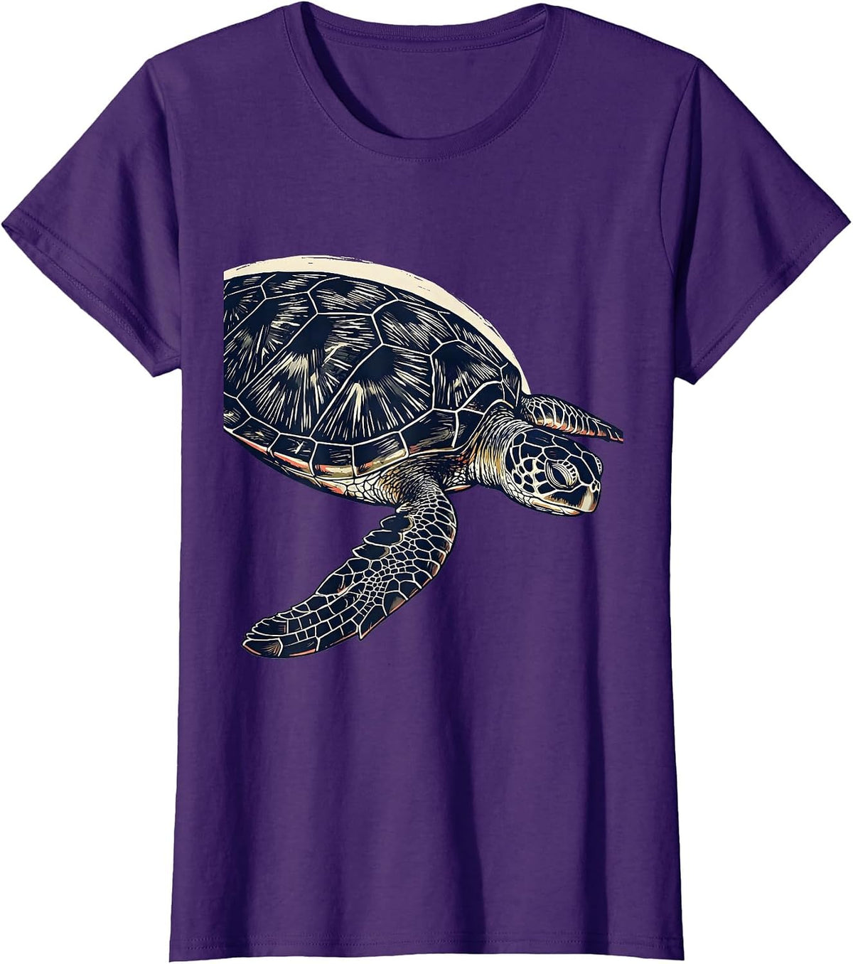 Women's Sea Turtle Linocut Ocean Animal Lover Artwork T-Shirt - Purple