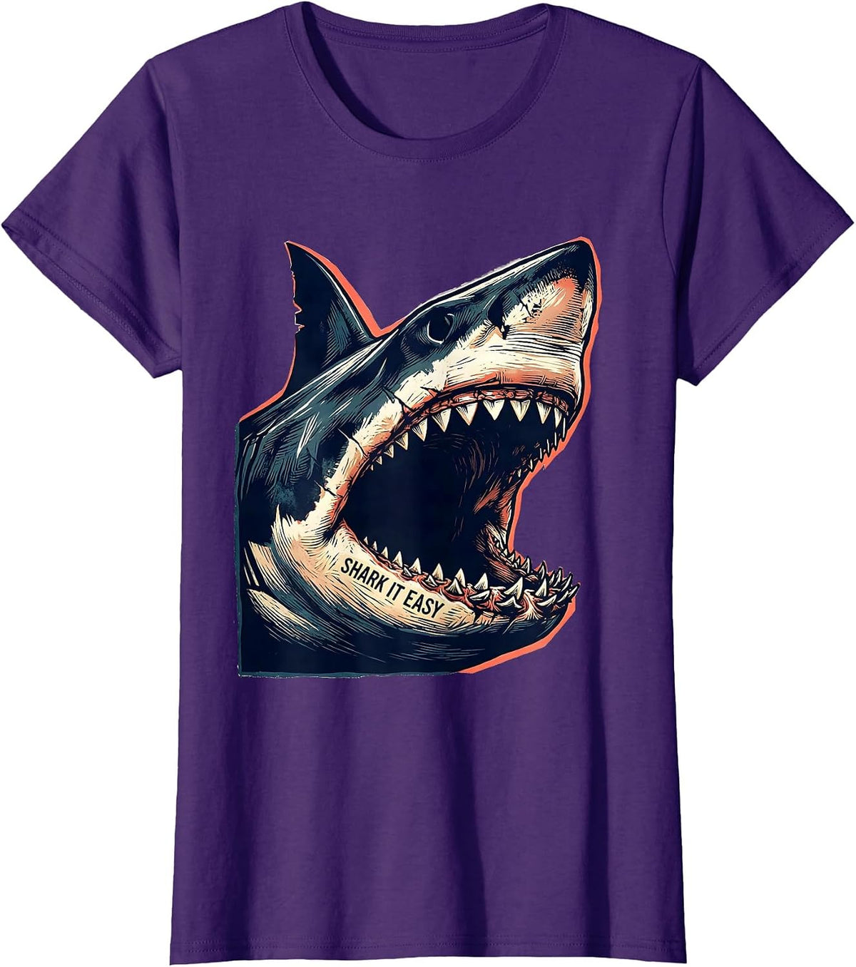 Women's Shark It Easy Linocut Funny Shark Lover Ocean Animal Humor T-Shirt - Purple