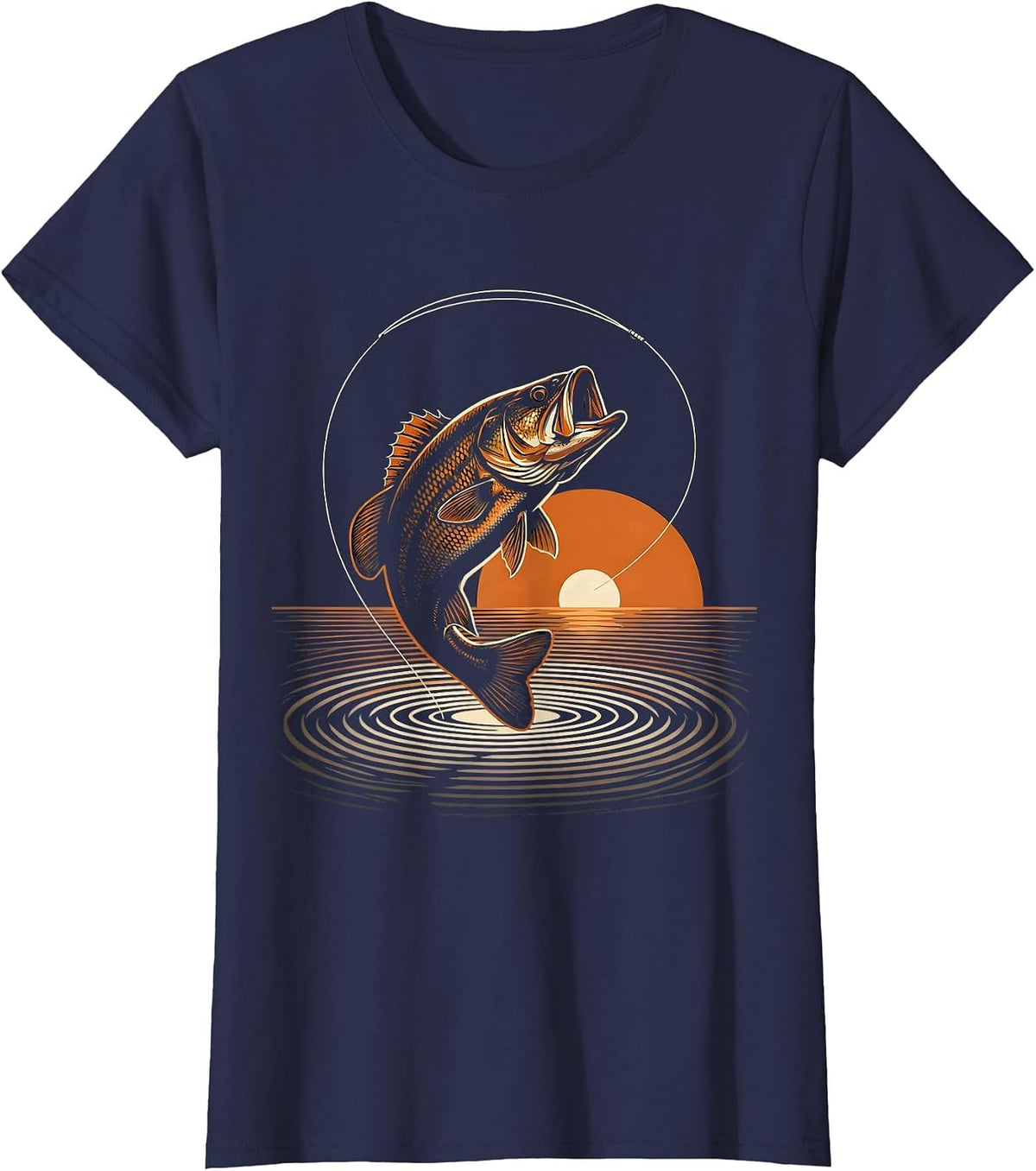 Women's Largemouth Bass Leaping Hooked Fishing Graphic T-Shirt - Navy Blue