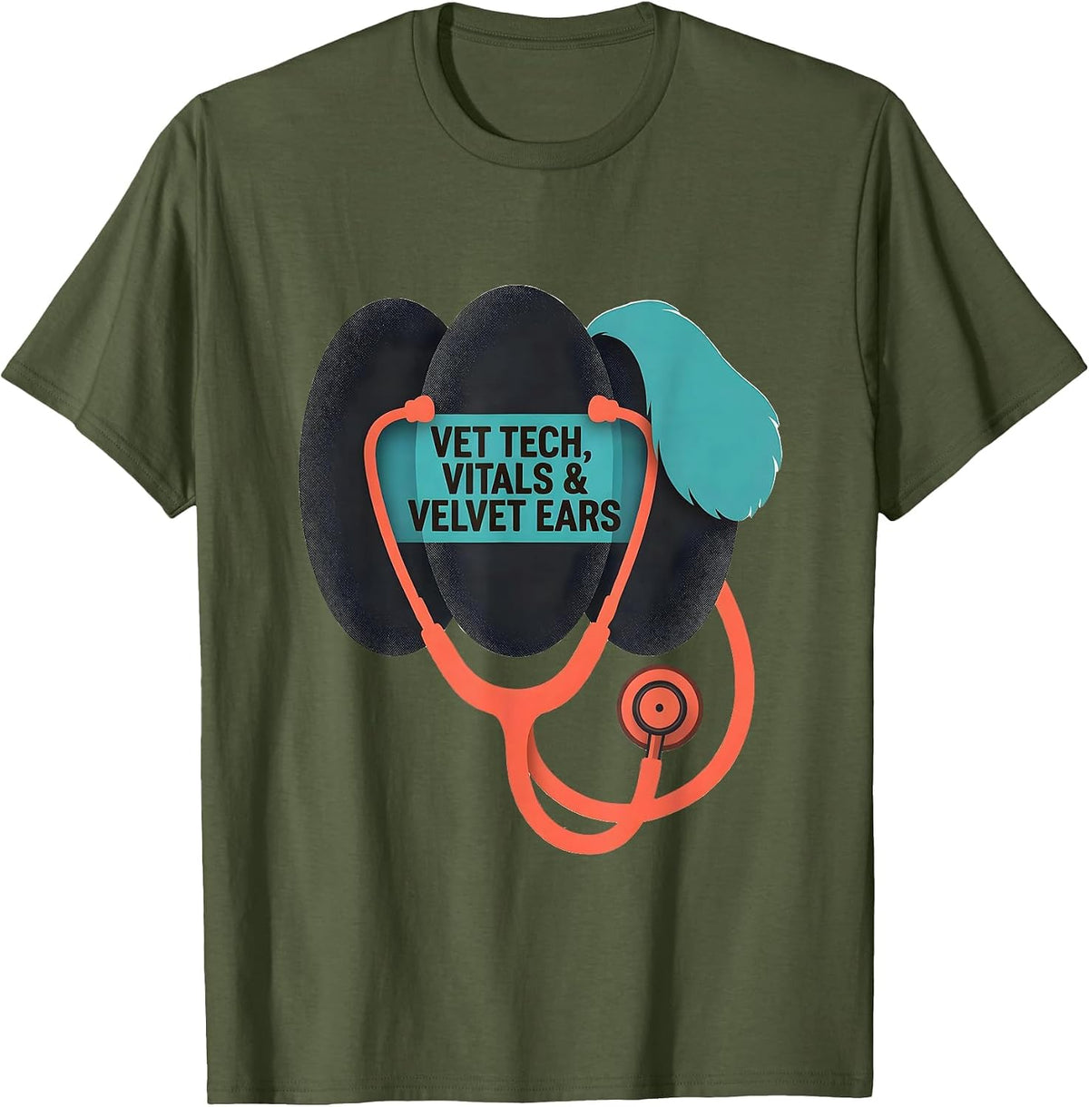 Vet Tech Vitals & Velvet Ears Midcentury Modern Veterinary T-Shirt - Olive Green