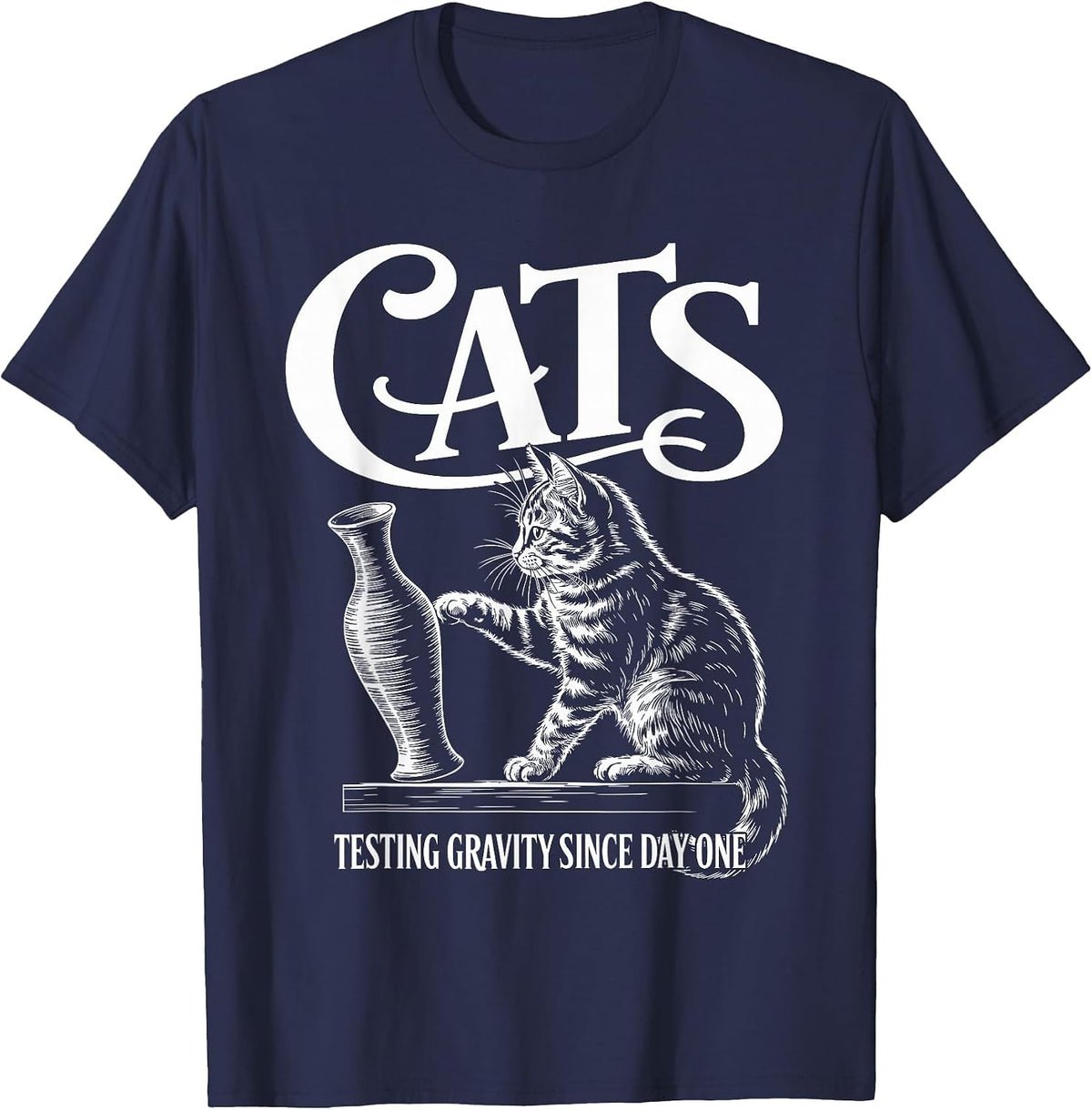 Funny Cat Physics Testing Gravity Since Day One, Math Joke T-Shirt - Navy Blue