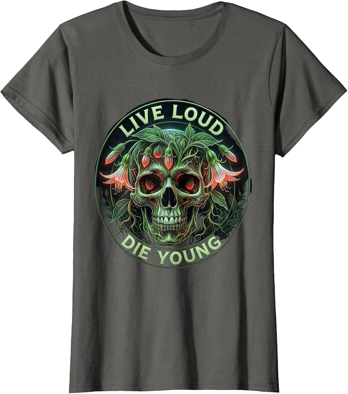 Women's Live Loud Die Young 80s Rock Band Design T-Shirt - Asphalt Grey