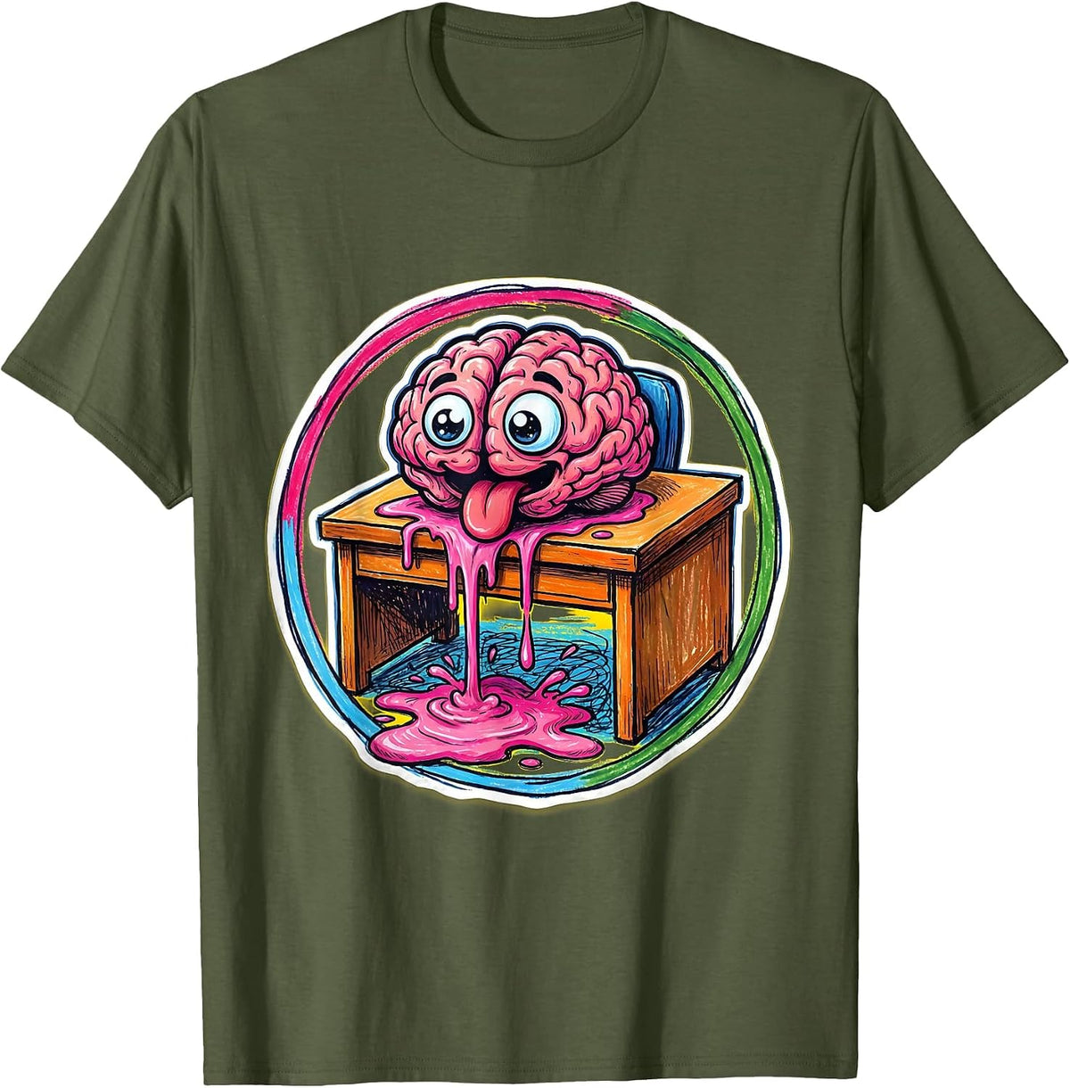 Men's Melting Brain Puddle Funny Inappropriate Design T-Shirt - Olive Green