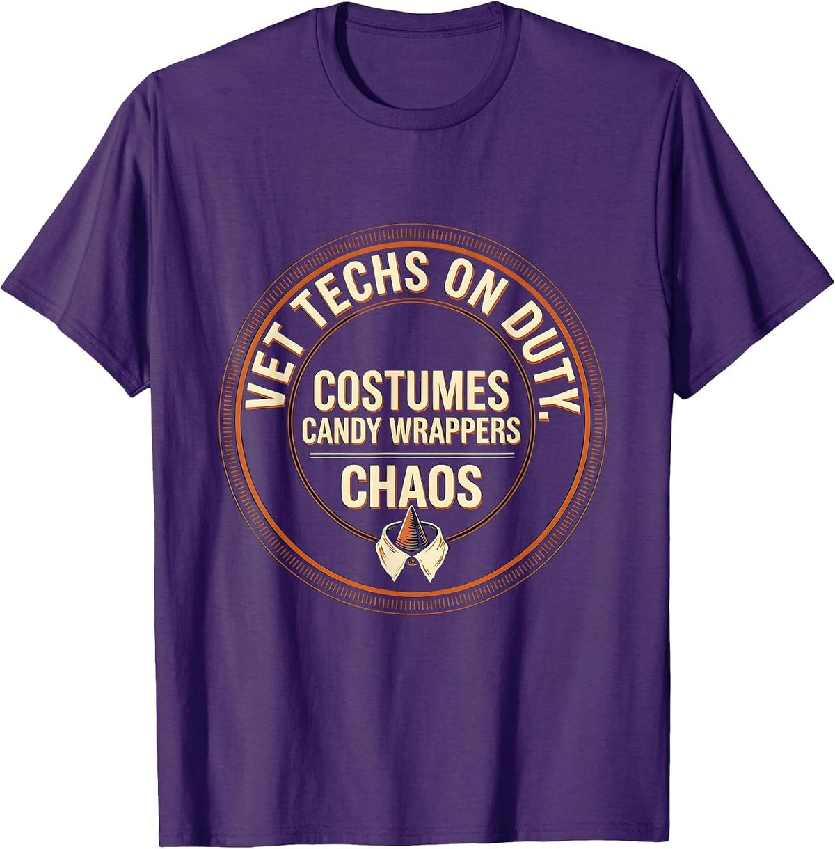 Men's Vet Techs On Duty: Costumes, Candy Wrappers, Chaos Humor T-Shirt - Purple