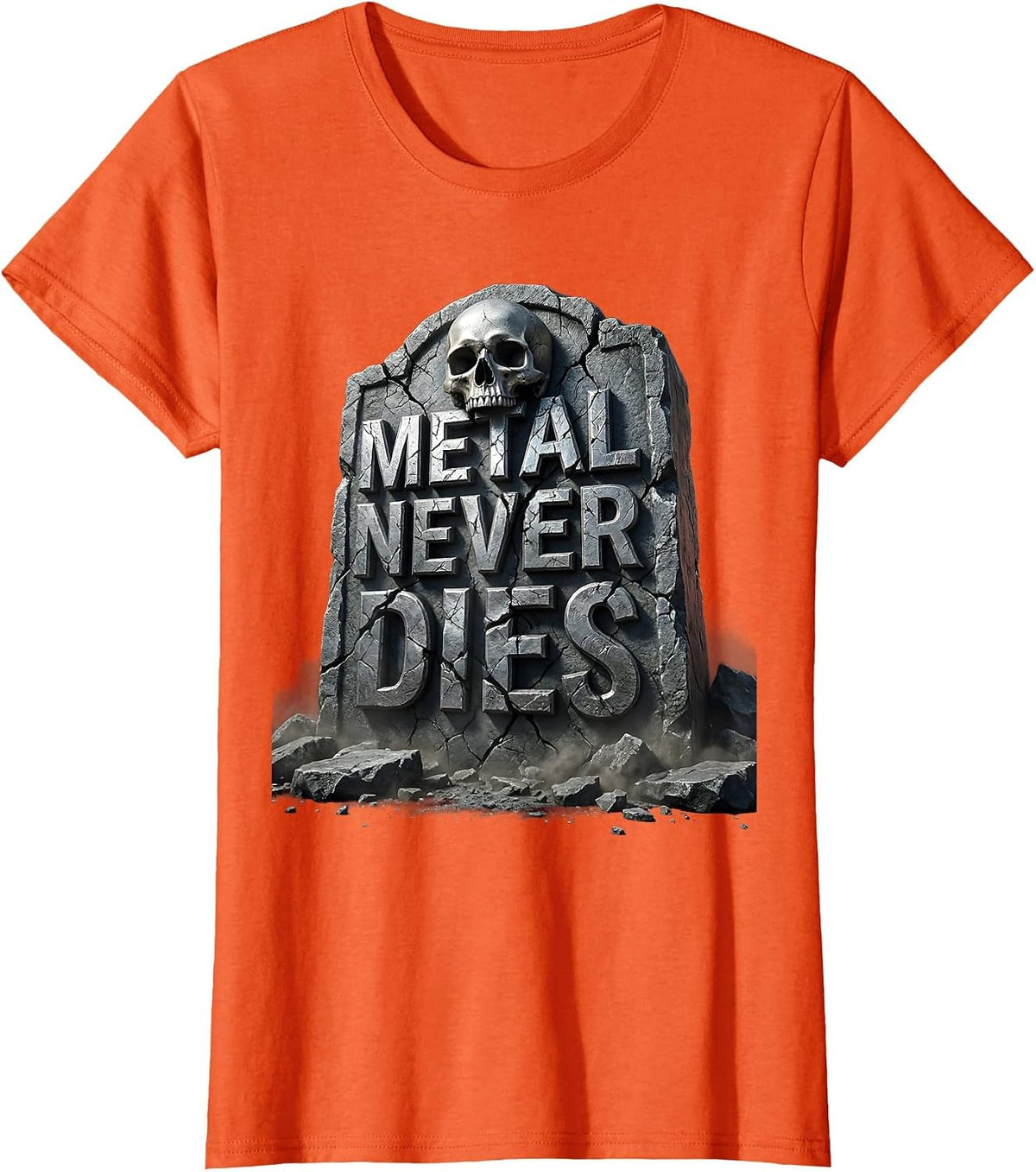 Metal Never Dies Heavy Metal Band Graphic Design T-Shirt - Orange