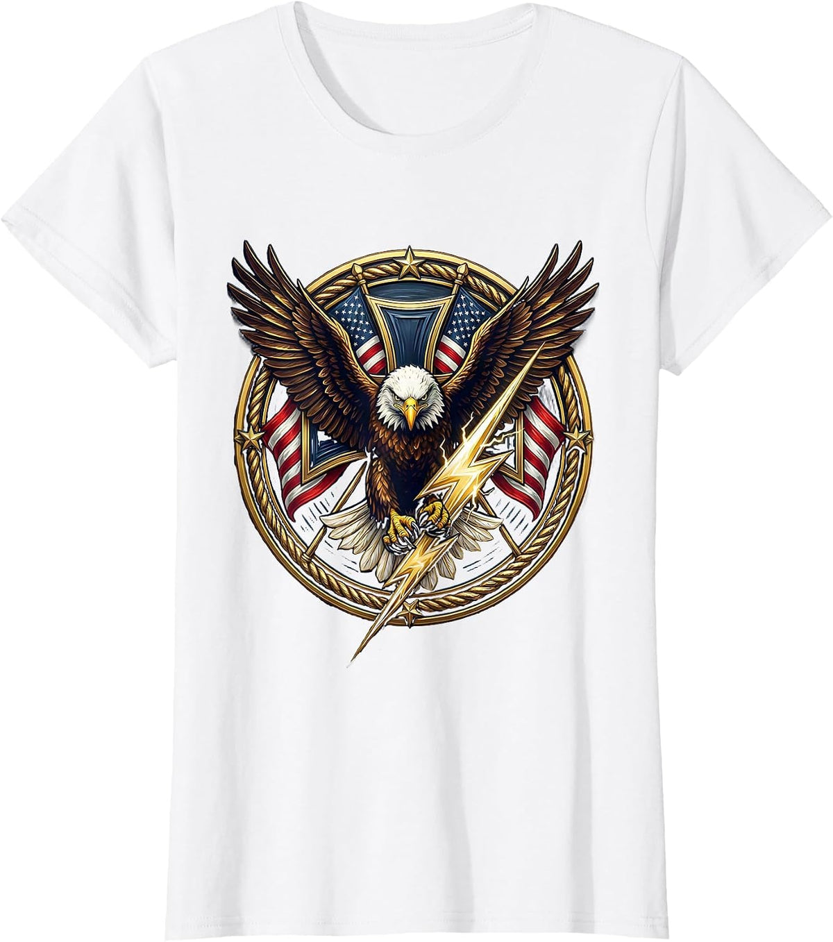 Women's Bald Eagle Lightning Bolt Patriotic Graphic Tee T-Shirt - White