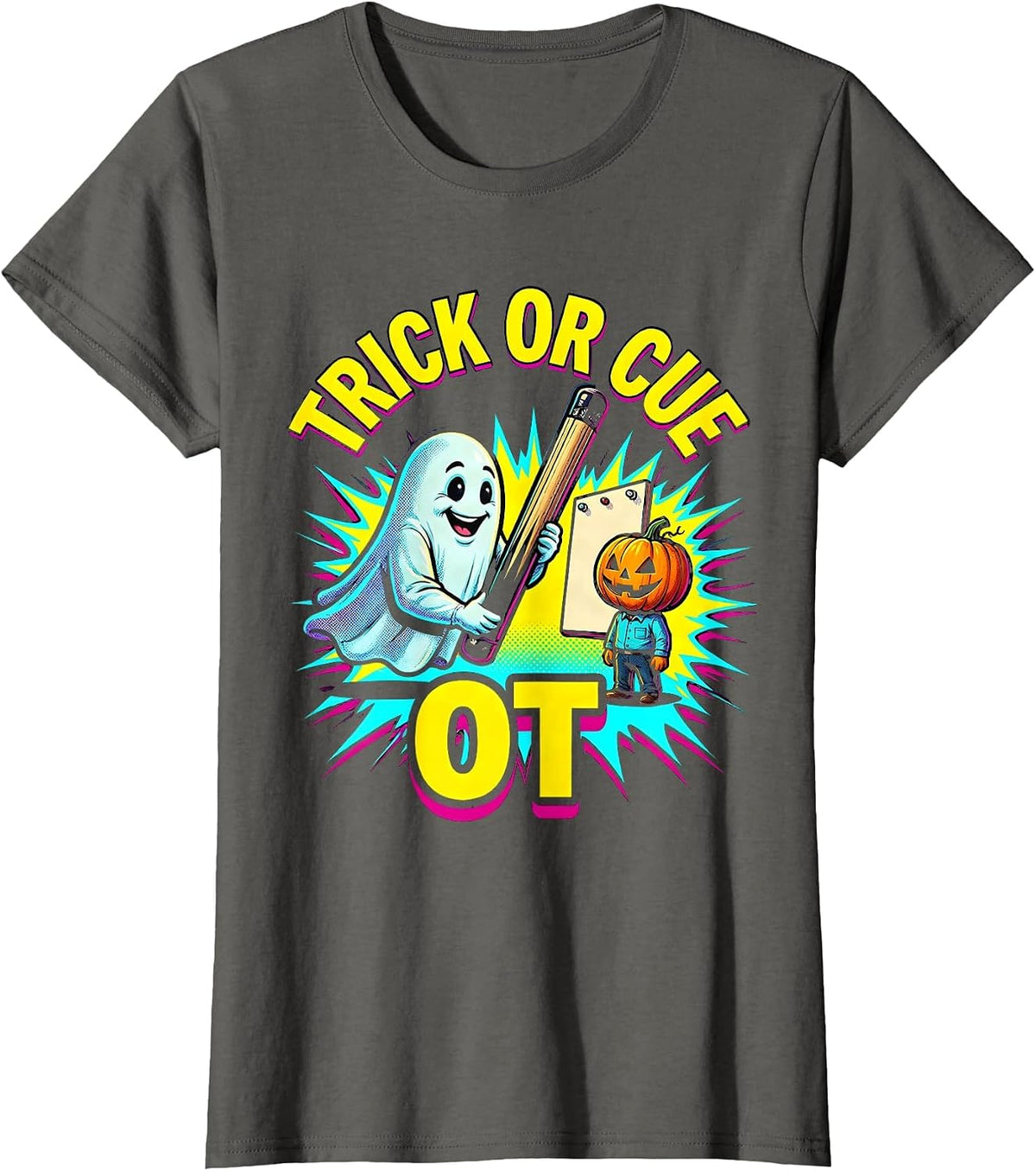 Women's Trick Or Cue OT Pop Art Occupational Therapist Halloween T-Shirt - Asphalt Grey
