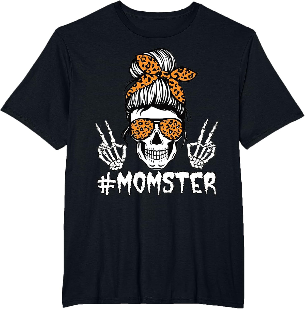 Momster Halloween Skull Mom Leopard Messy Bun Hair Monster T-Shirt - Black