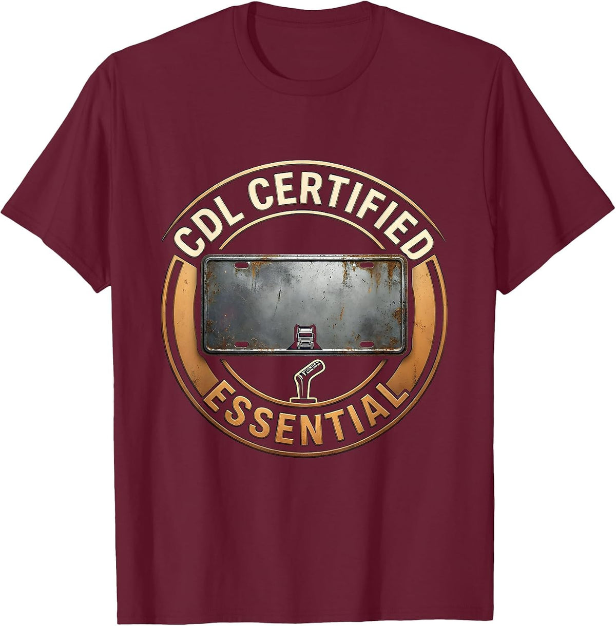 CDL Certified Essential Distressed License Plate Design T-Shirt - Burgundy