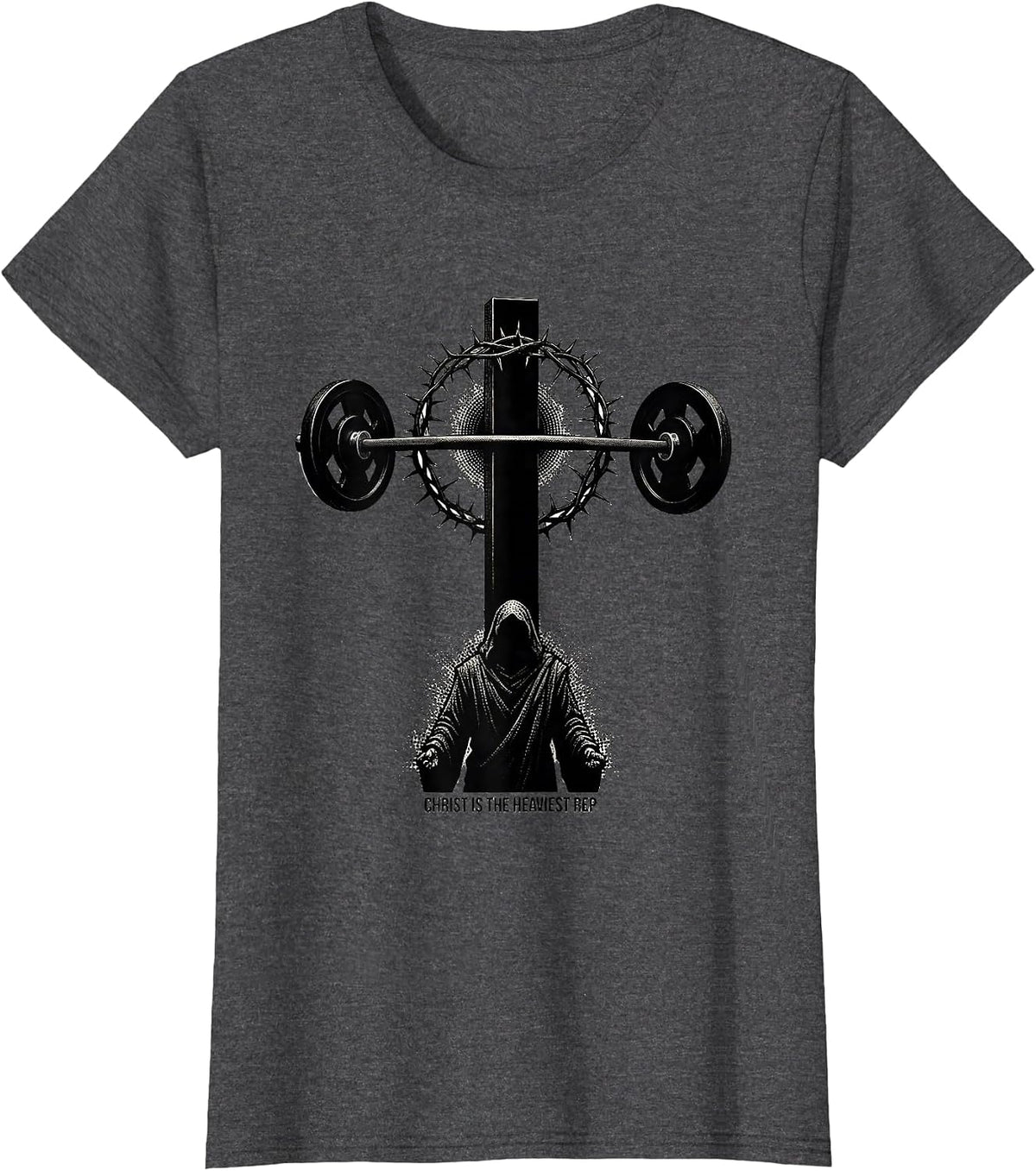 Women's Christ Is The Heaviest Rep Blackwork Dotwork Christian Gym T-Shirt - Dark Heather Grey