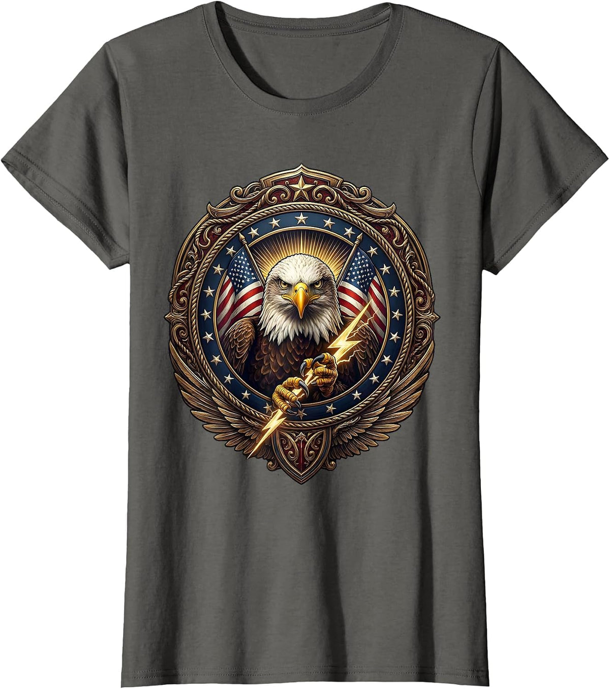 Women's Bald Eagle Lightning Bolt American Power Design T-Shirt - Asphalt Grey