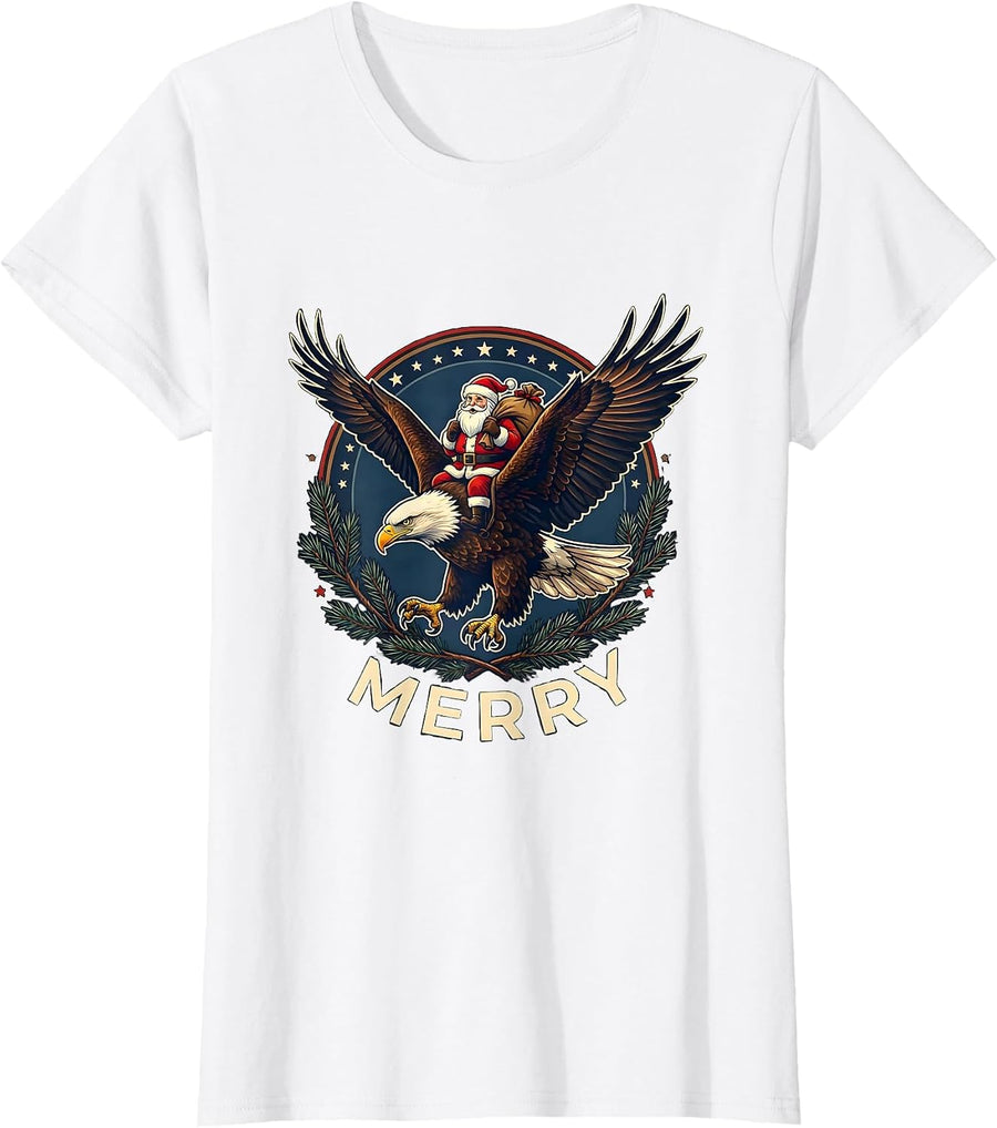 Women's Merry Patriotic Santa Riding Bald Eagle Vintage USA T-Shirt - White