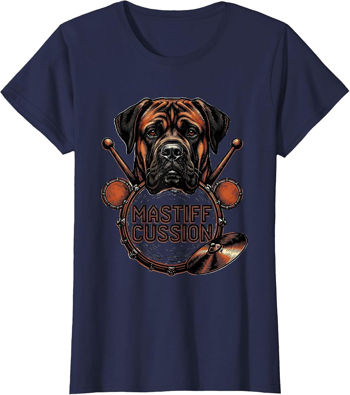 Women's Mastiffcussion Linocut Funny Pet Drummer Rock Humor T-Shirt - Navy Blue