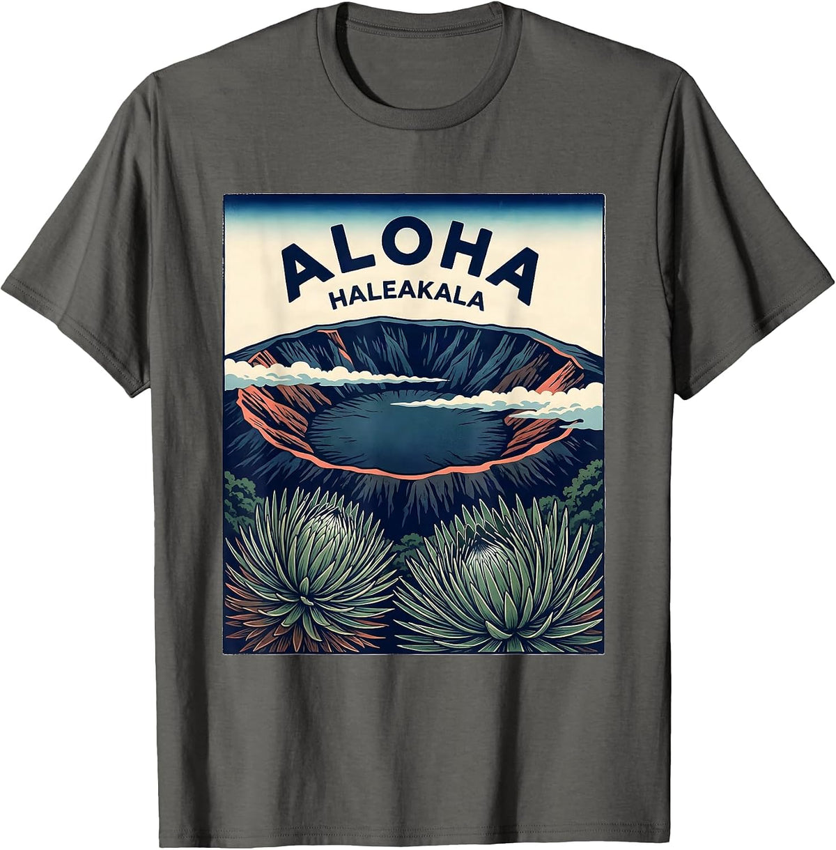 Aloha Haleakala Ukiyo E Vintage Hawaii Luau Party Souvenir T-Shirt - Asphalt Grey