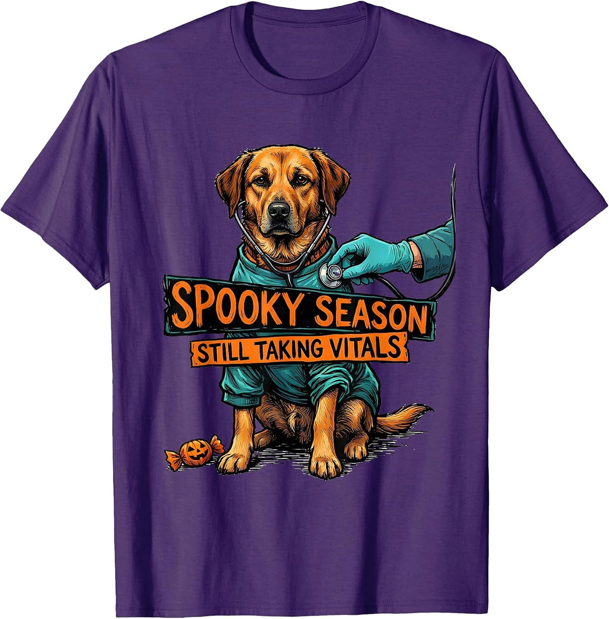 Men's Spooky Season, Still Taking Vitals Funny Vet Tech Veterinary T-Shirt - Purple
