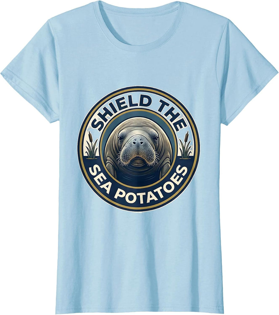 Women's Shield The Sea Potatoes Funny Manatee Lover Crystal River T-Shirt - Baby Blue