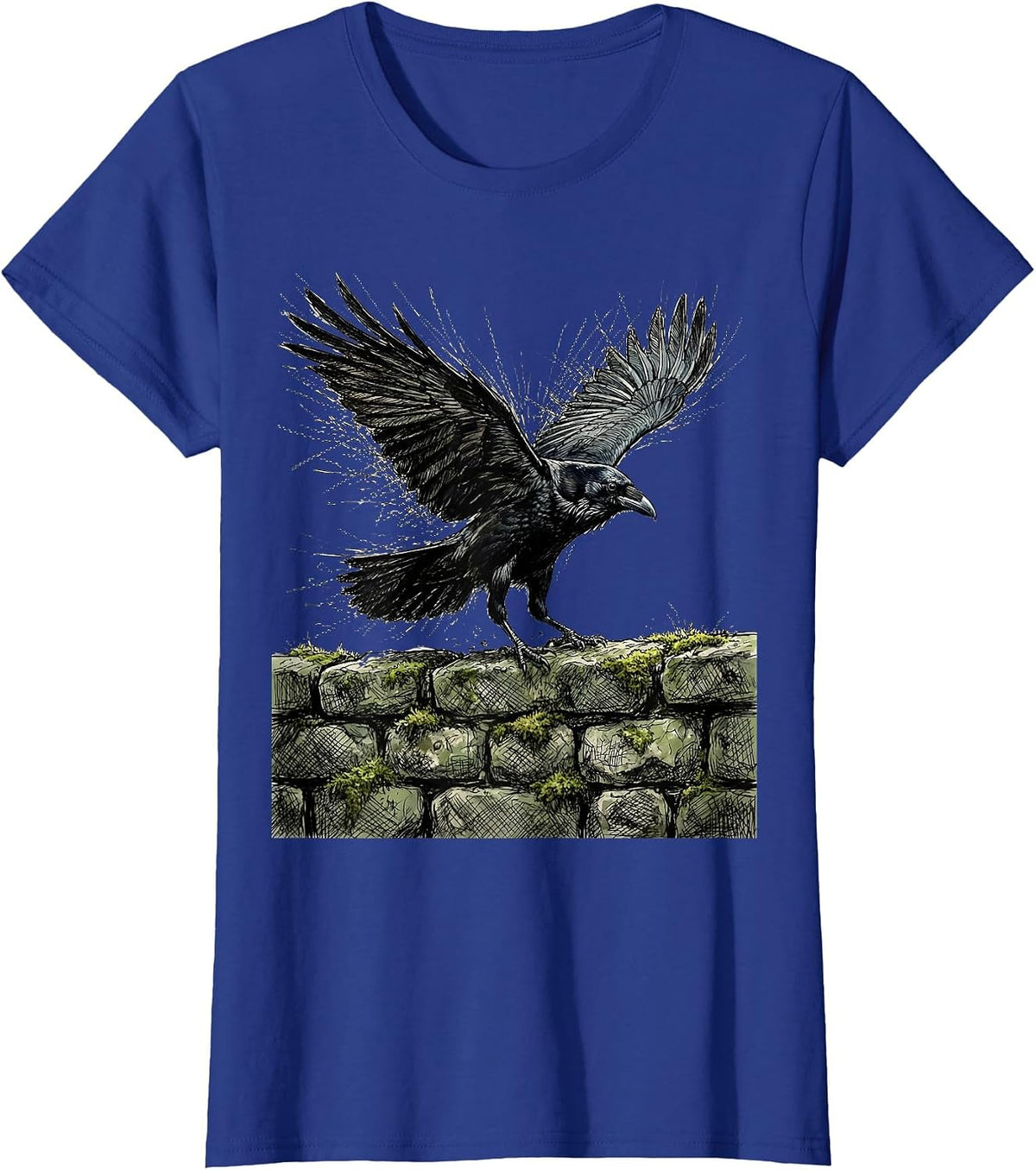 Women's Raven on Mossy Stone Wall Fall Nature Design T-Shirt - Royal Blue
